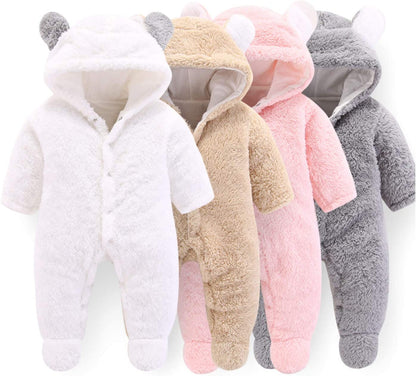 Newborn Baby Cartoon Bear Snowsuit Warm Fleece Hooded Romper Jumpsuit