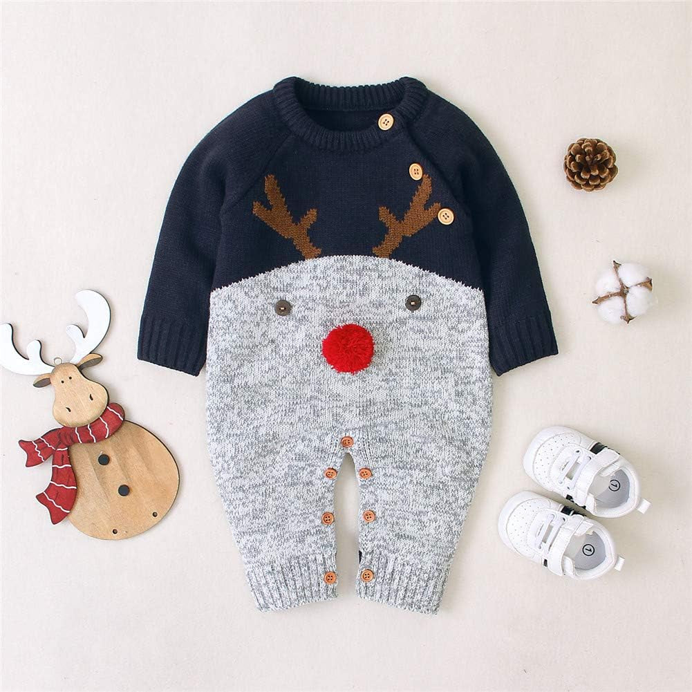 Unisex Infant Baby Christmas Sweater Toddler Reindeer Knit Jumpsuit Outfit