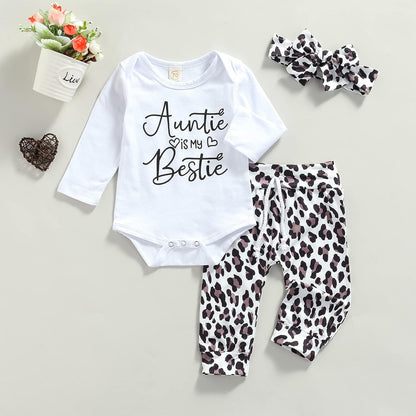 Newborn Infant Baby Girl Fall Winter Clothes Set Long Sleeve White Bodysuit+Drawstring Leopard Pants+Headband 3PCS Outfits