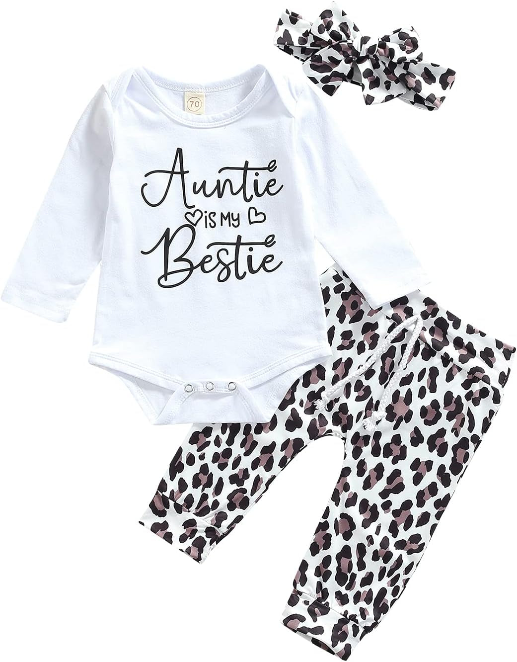 Newborn Infant Baby Girl Fall Winter Clothes Set Long Sleeve White Bodysuit+Drawstring Leopard Pants+Headband 3PCS Outfits