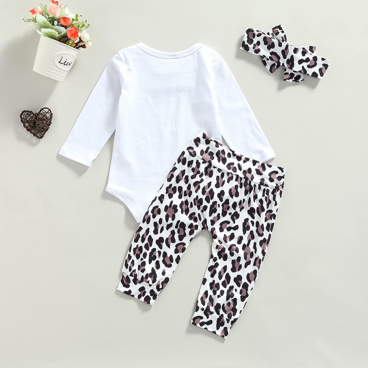 Newborn Infant Baby Girl Fall Winter Clothes Set Long Sleeve White Bodysuit+Drawstring Leopard Pants+Headband 3PCS Outfits