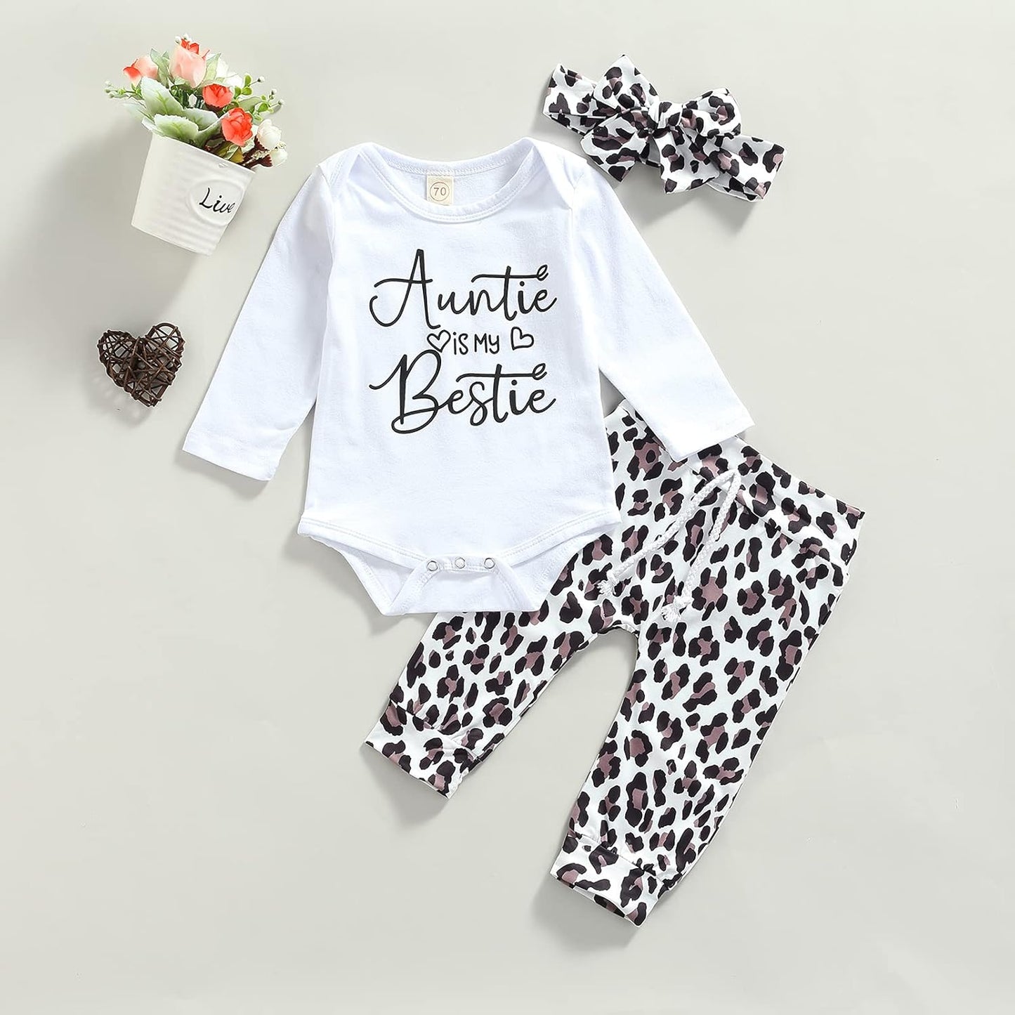 Newborn Infant Baby Girl Fall Winter Clothes Set Long Sleeve White Bodysuit+Drawstring Leopard Pants+Headband 3PCS Outfits