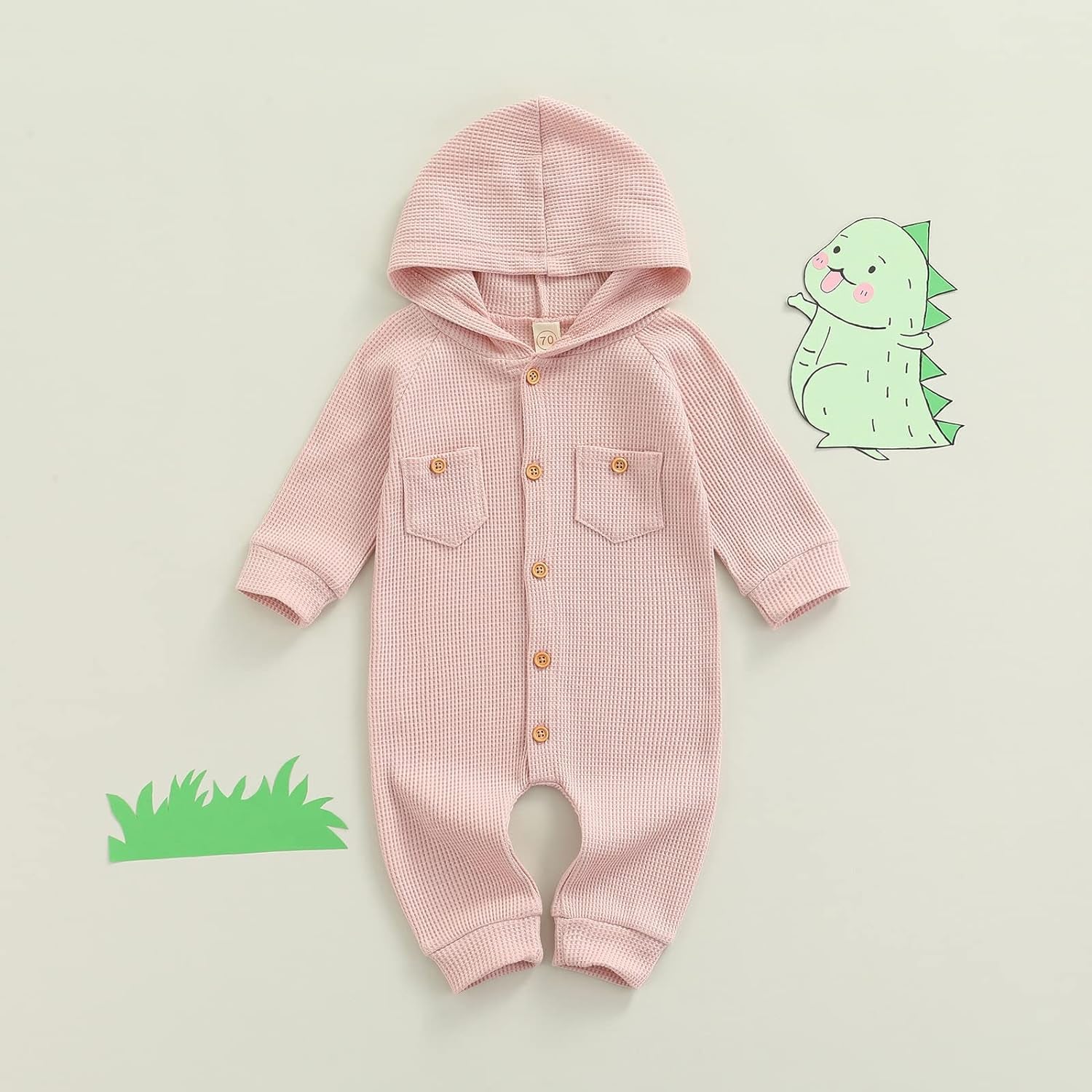 Winter Newborn Baby Boy Girl Solid Romper Unisex Infants Hooded Outfit Clothes Waffle Cotton Button Jumpsuits