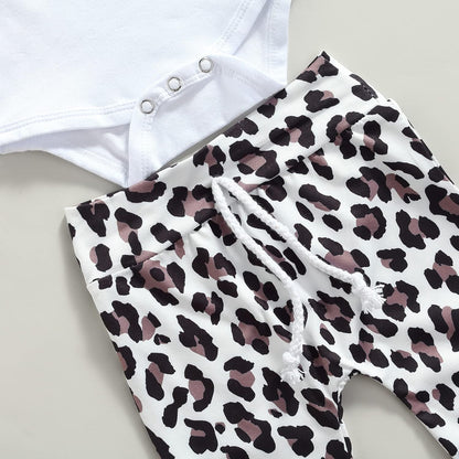 Newborn Infant Baby Girl Fall Winter Clothes Set Long Sleeve White Bodysuit+Drawstring Leopard Pants+Headband 3PCS Outfits